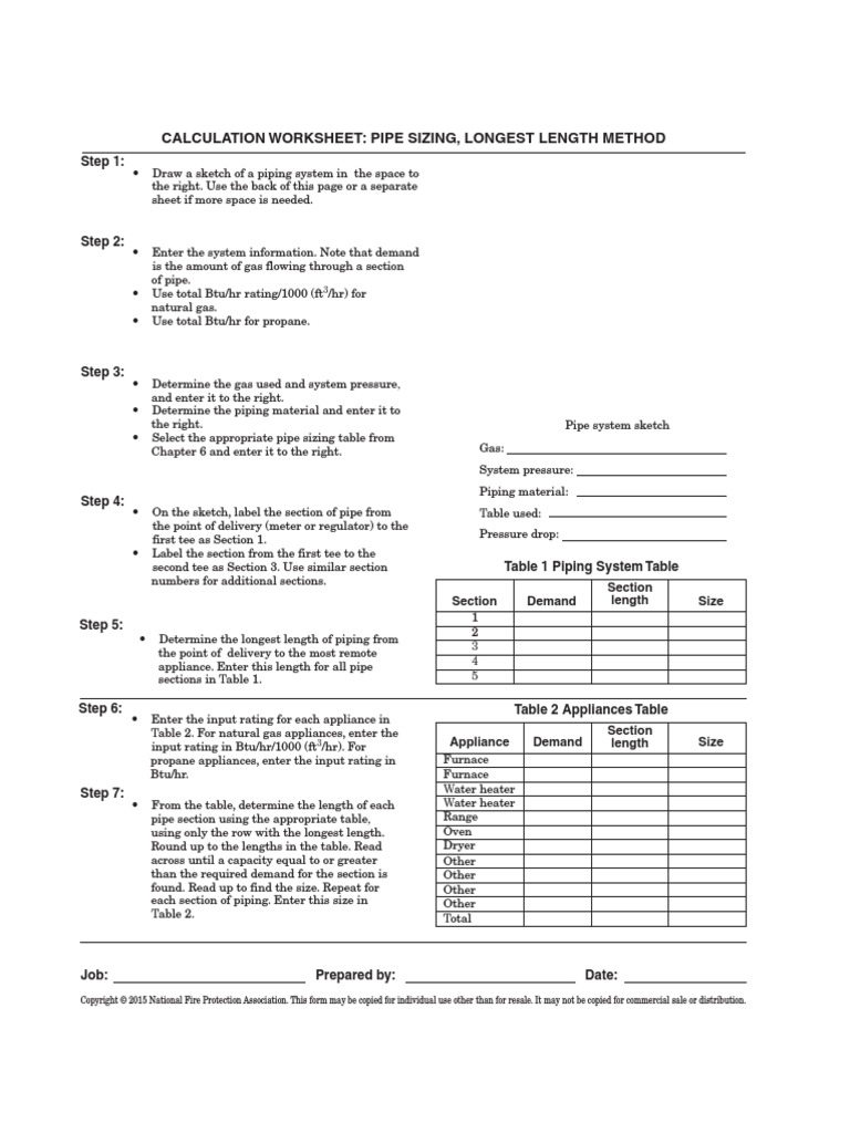 Calculation Worksheet: Pipe Sizing, Longest Length Method: Step 1 | PDF