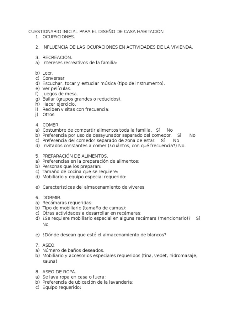 Cuestionario General para El Diseño de Su Casa | PDF
