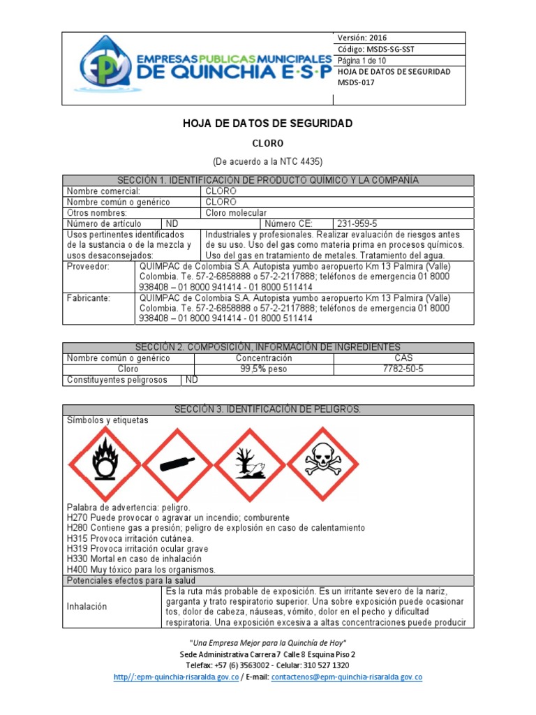 MSDS017 Cloro Gaseoso PDF Aluminio Residuos