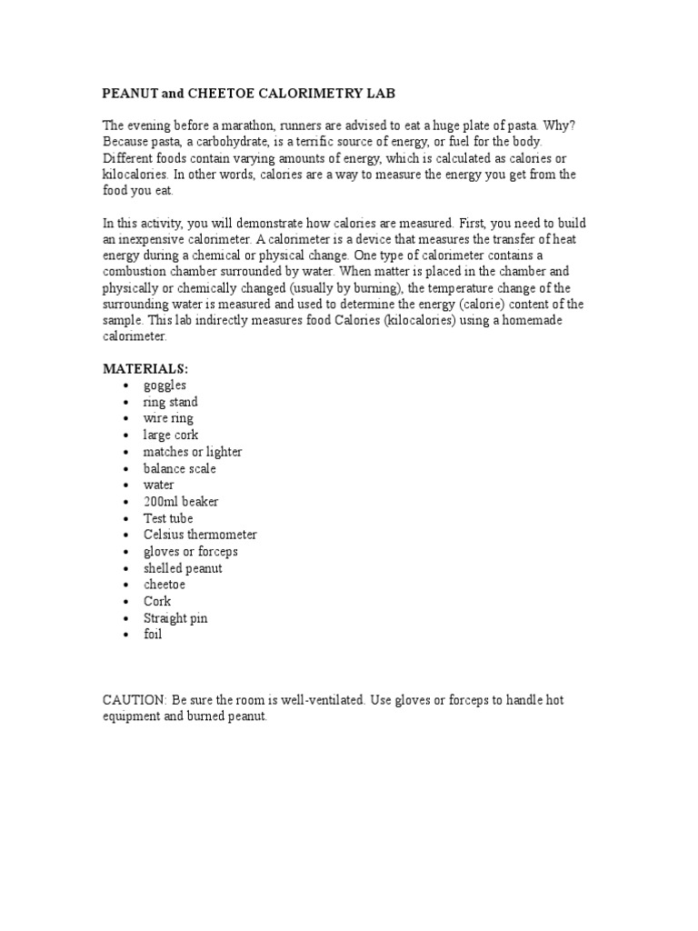 Peanut and Cheetoe Calorimetry Lab PDF Calorie Food Energy