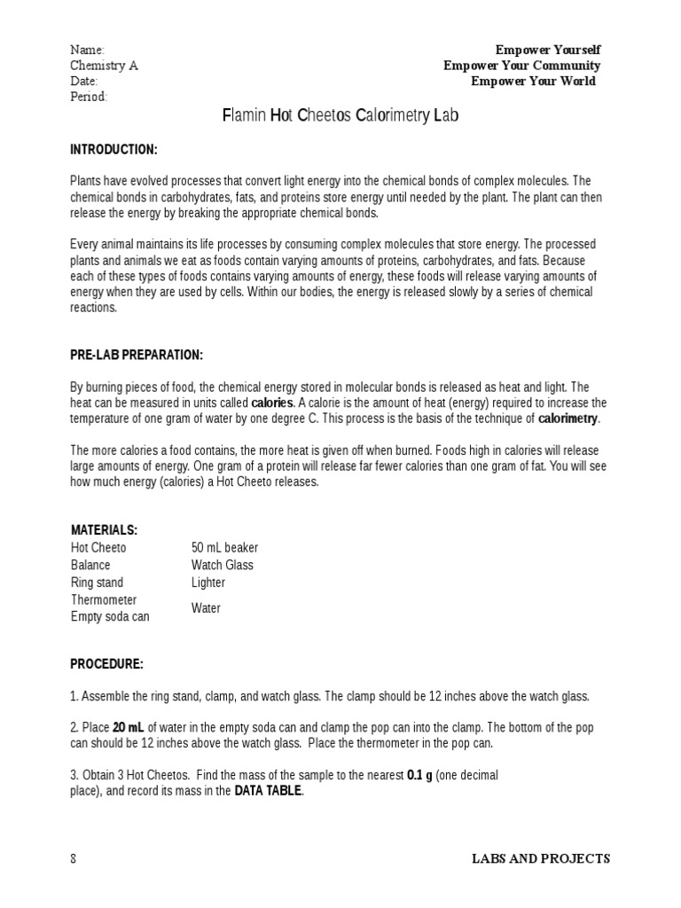 Calorimetry and Cheetos Lab PDF Calorie Thermodynamics