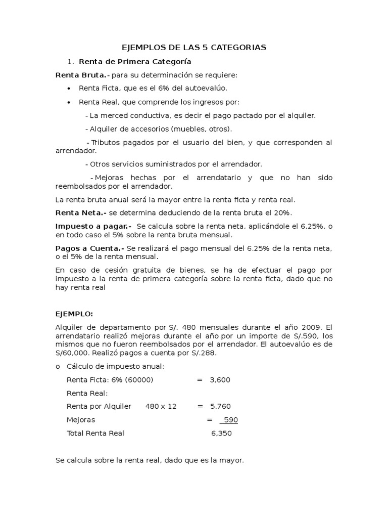 Ejemplos de las 5 categorías de renta | PDF | Impuesto sobre la renta ...