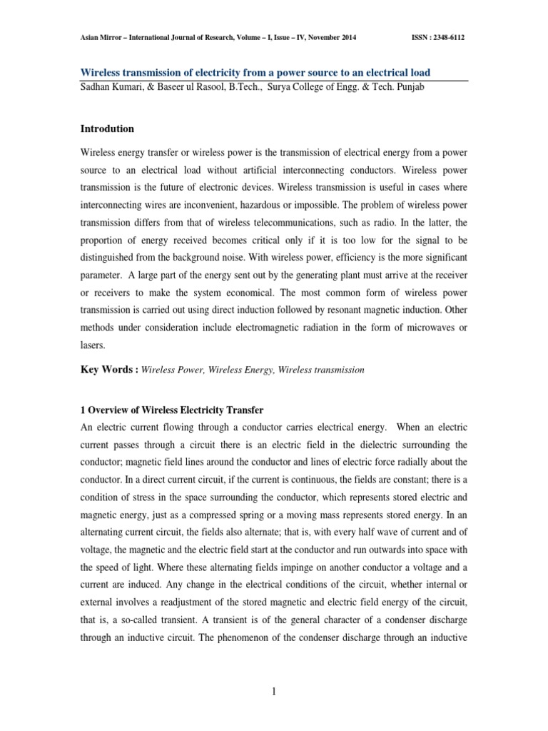 Wireless Transmission Of Electricity Pdf Pdf Inductor
