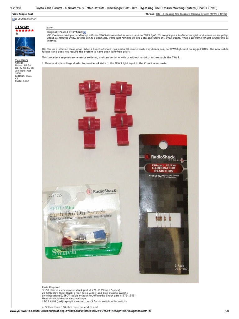 Bypass TPWS in Toyota Yaris: DIY Guide | PDF | Resistor | Electrical ...
