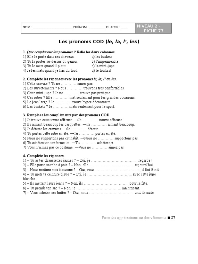 Pronoms COD : Exercices et Explications | PDF | Arts du langage et ...