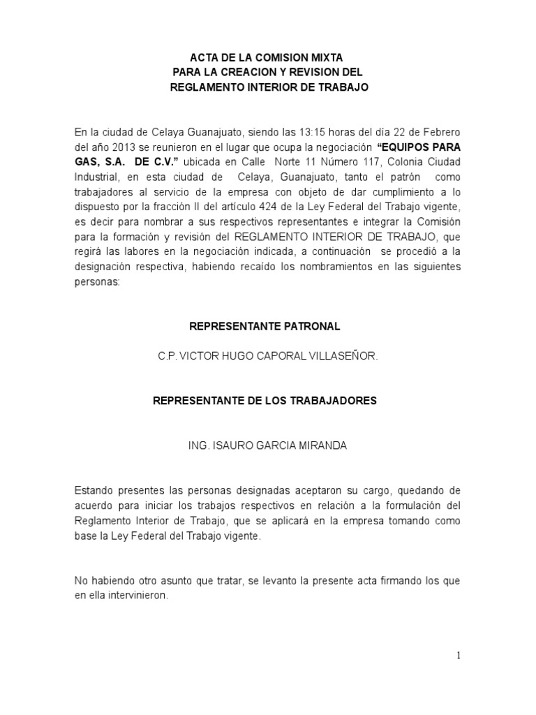 Acta Comision Mixta Reglamento Interno