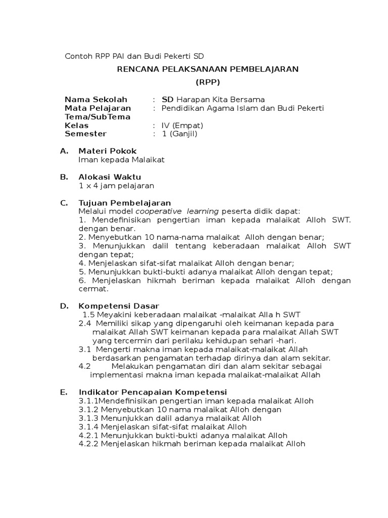 Contoh RPP Pai SD Kelas 4 Kurikulum 2013 | PDF | Pengembangan Diri