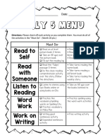 Daily 5 Menu: Read To Self Read With Someone Listen To Reading Word Work Work On Writing
