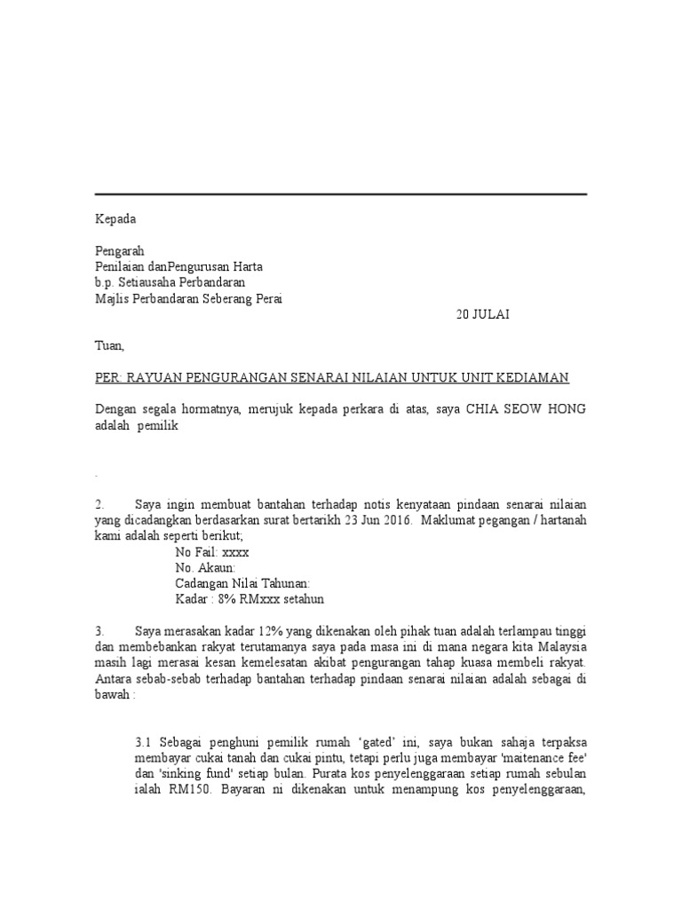 Surat Rayuan Cukai Pintu Rumah Gated