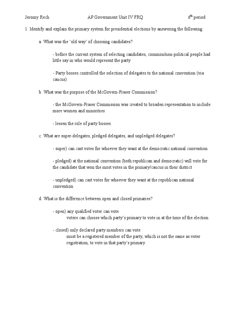 AP Gov FRQ IV Primary Election United States Presidential Primary