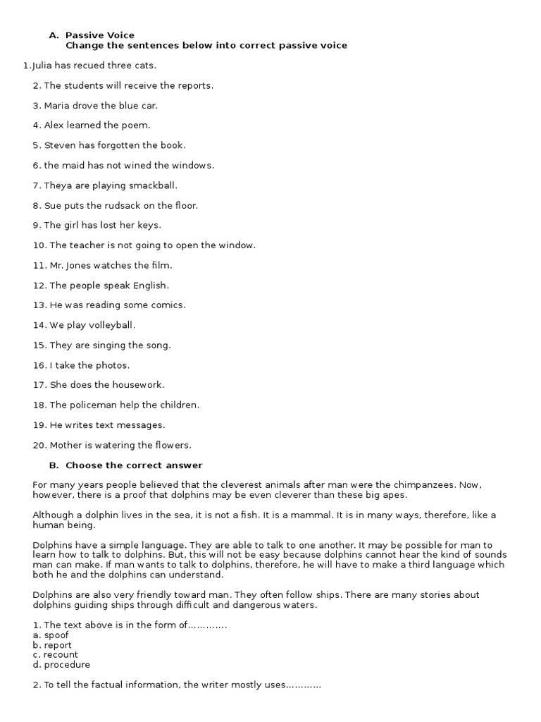 Passive Voice Exercises for Grade 9 | PDF | Whales | Dolphin
