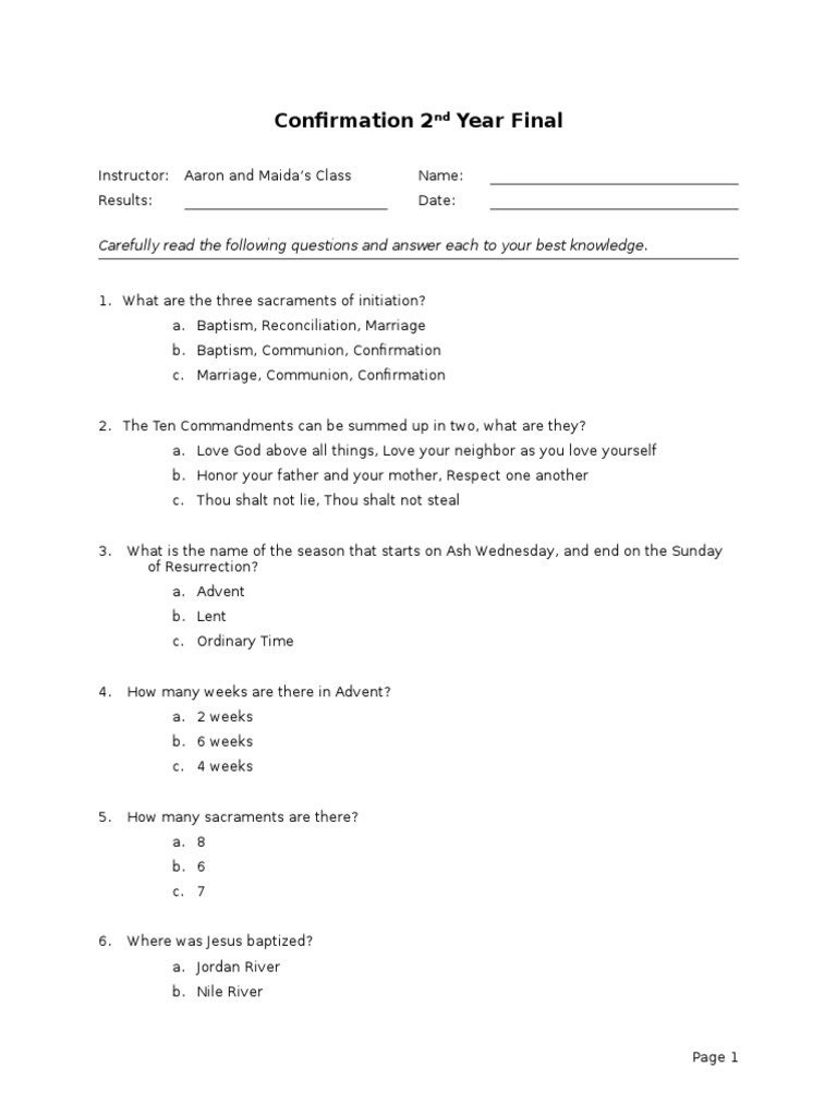 Confirmation Final Exam PDF John The Baptist Christianity