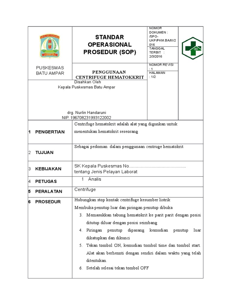 Sop Penggunaan Centrifuge Hematokrit PDF