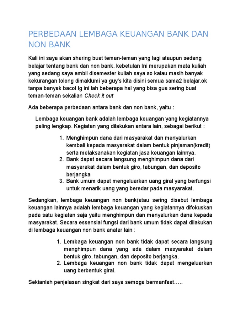 Perbedaan Lembaga Keuangan Bank Dan Non Bank