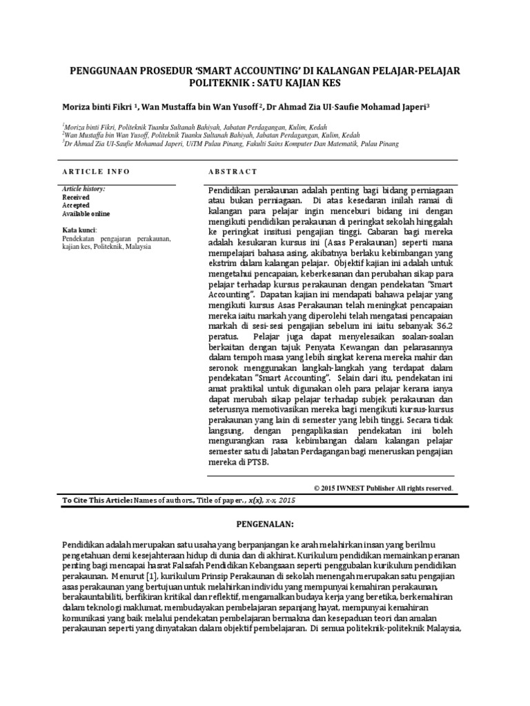 Penggunaan Prosedur Smart Accounting Di Kalangan Pelajar Politeknik Pdf