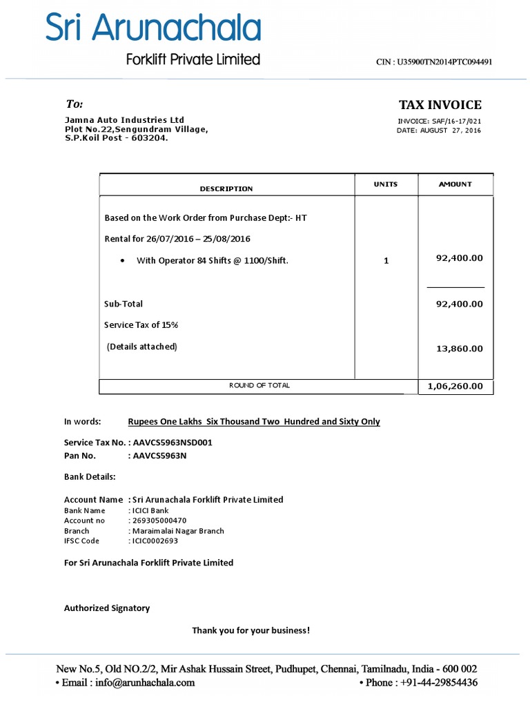 Tax Invoice for Forklift Rental Services | PDF
