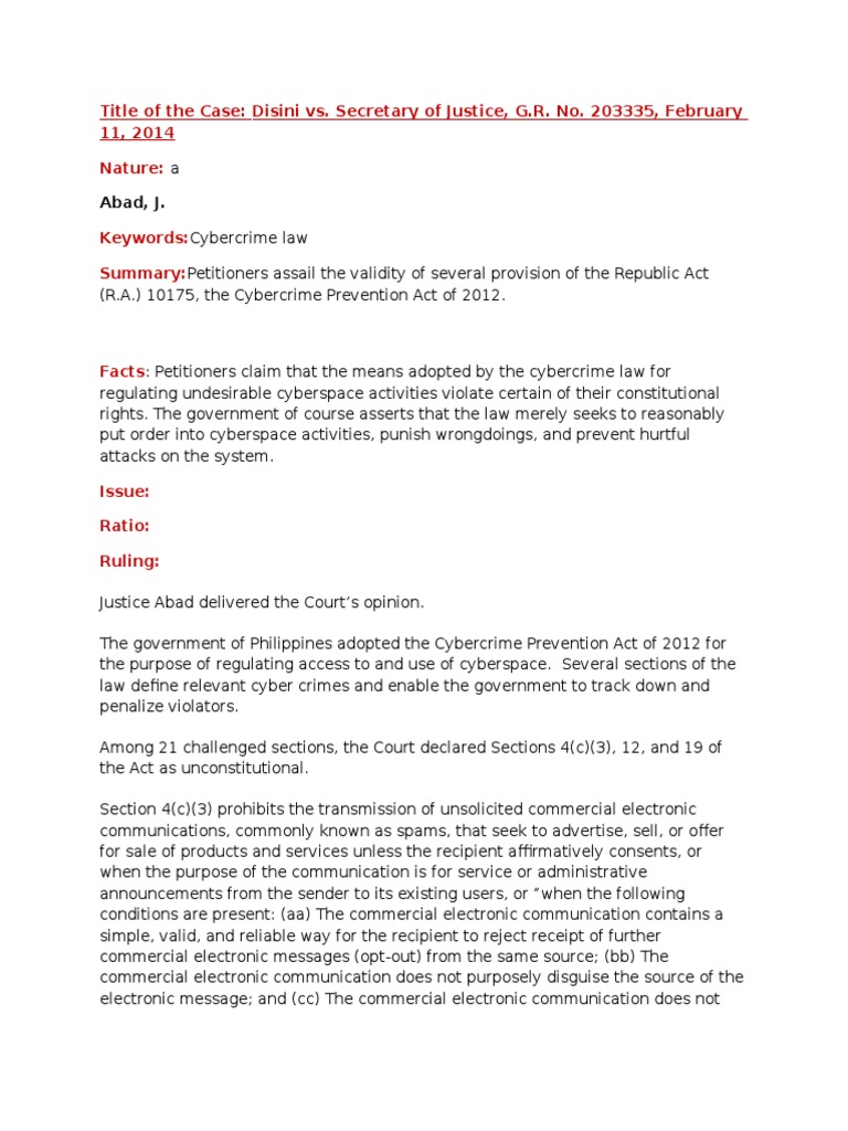 Abad j title of the case disini vs secretary of justice g r no