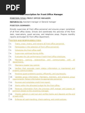 Job Description For Front Office Manager Employment Business