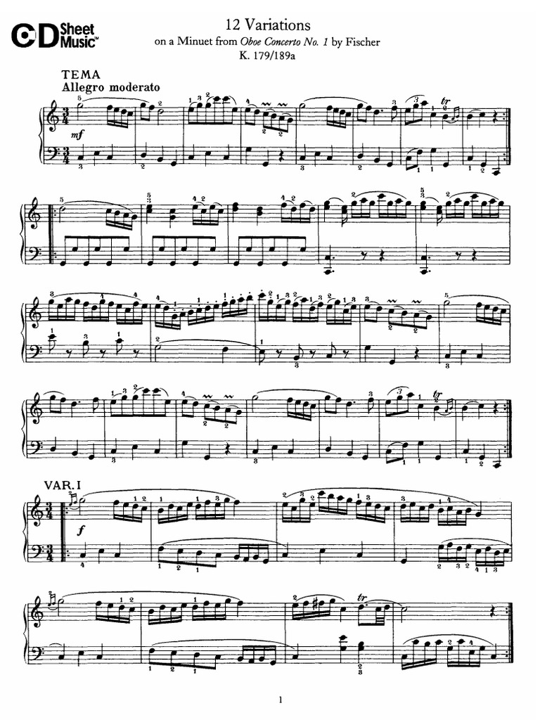 12 Variations on Minuet From Oboe Concerto Nº 1 k 179 by Fischer