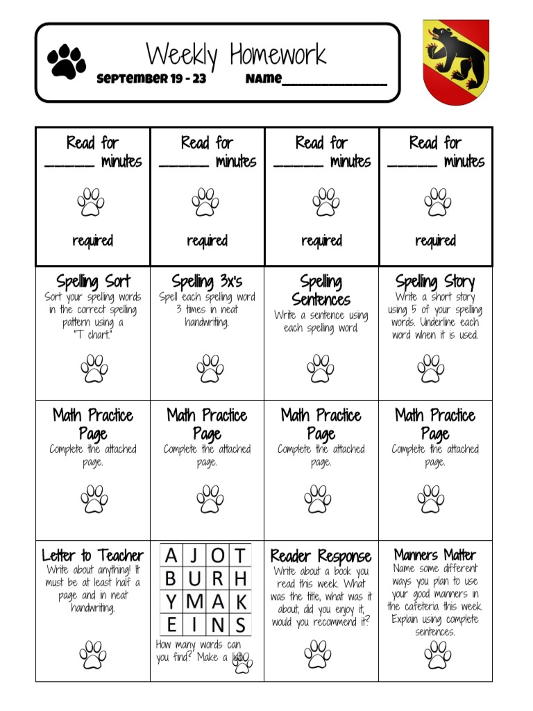 Weekly Homework: Read For - Minutes Read For - Minutes Read For ...