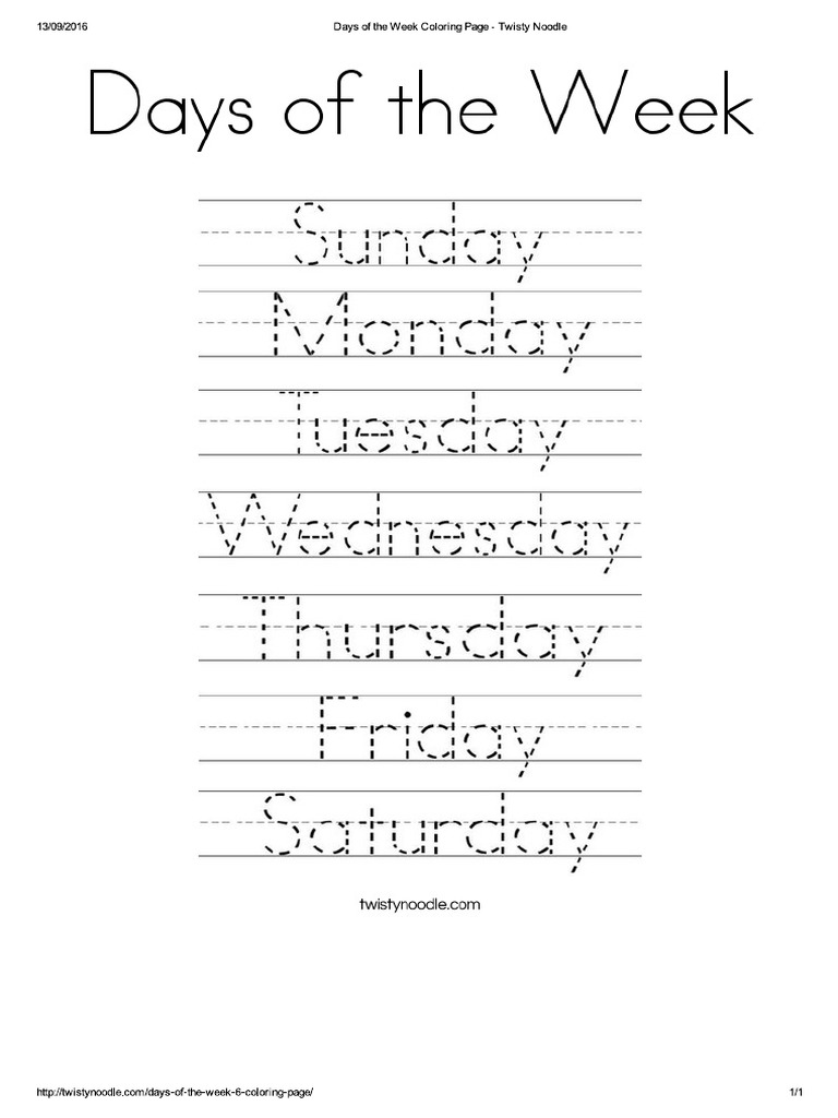 Days of The Week Coloring Page Twisty Noodle PDF
