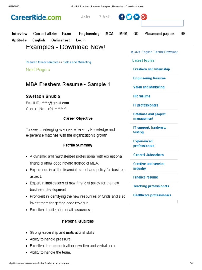 Resume Format For Freshers Mba