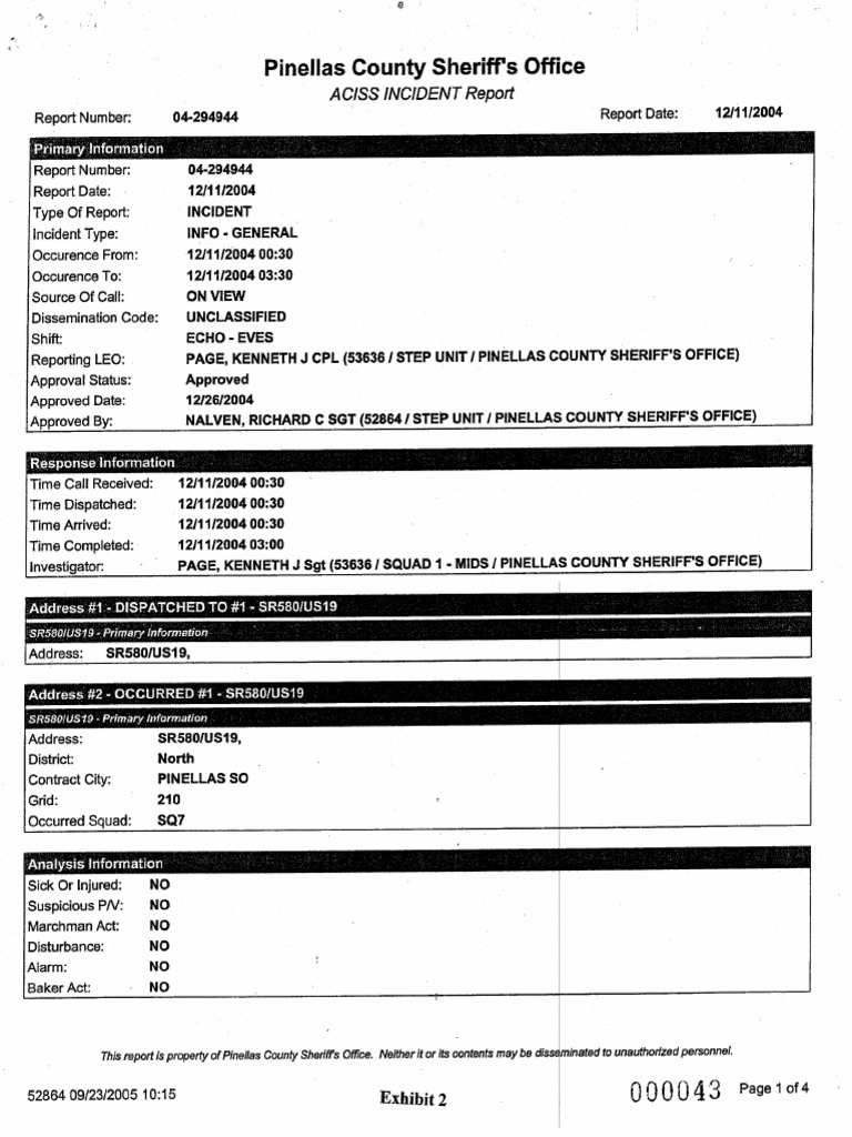 Pinellas County Sheriff's Office ACISS Incident Report Roadblock ...