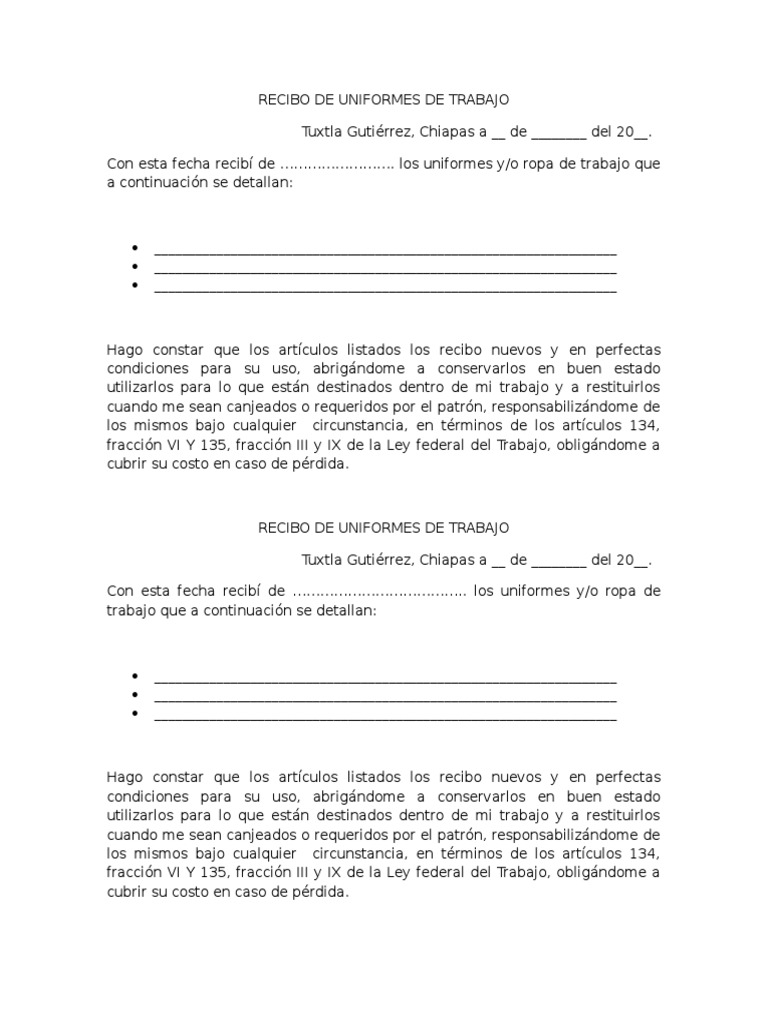 Recibo de Uniformes de Trabajo | PDF