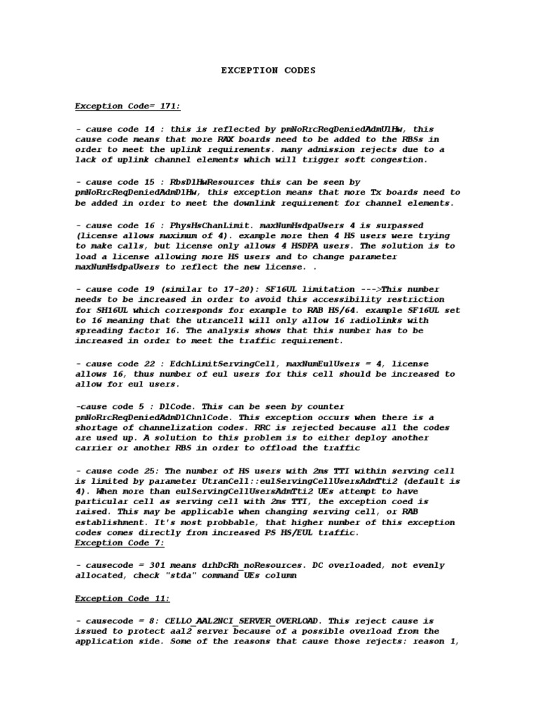 Exception Codes and Causes Overview | PDF | Network Congestion | High ...