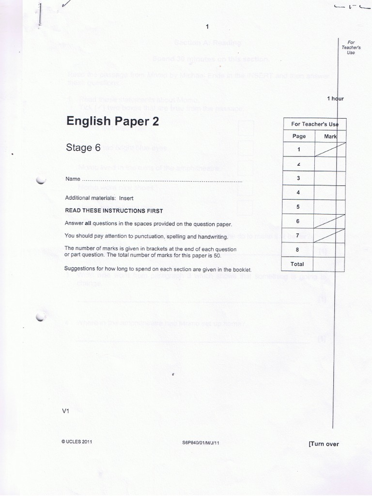 english cambridge book 5 primary Test 6 Paper English Progression Primary Stage   2