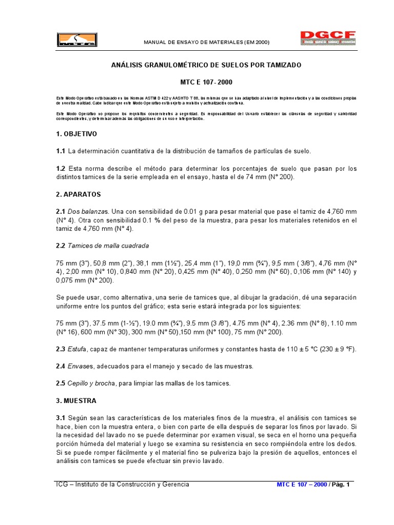 MTC E 107 - 2000 Análisis Granulométrico de Suelos Por Tamizado | PDF ...