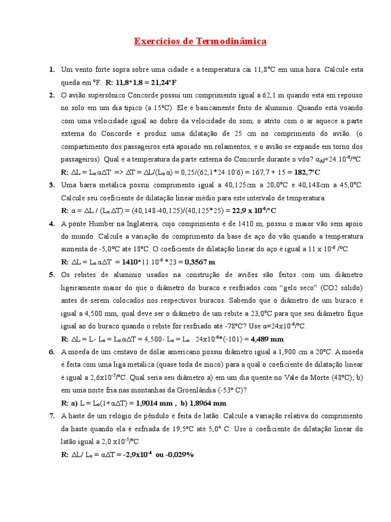 Exercícios de Termodinâmica e Calor | PDF | Expansão térmica | Calor