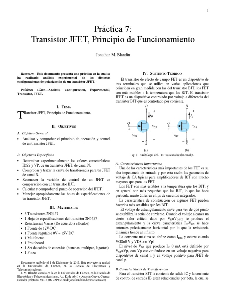 Transistor JFET, Principio de Funcionamiento. PDF Transistor