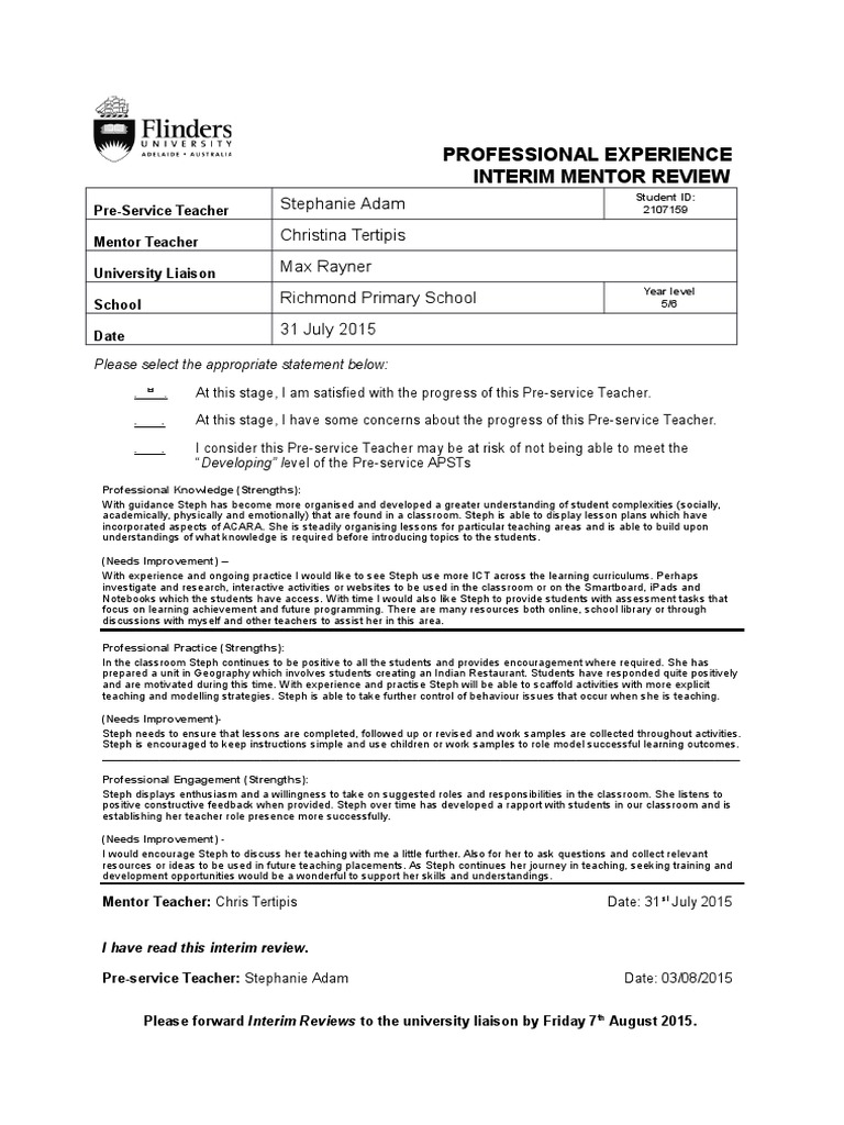Interim Report and Personal Learning Plan (2015) Educational