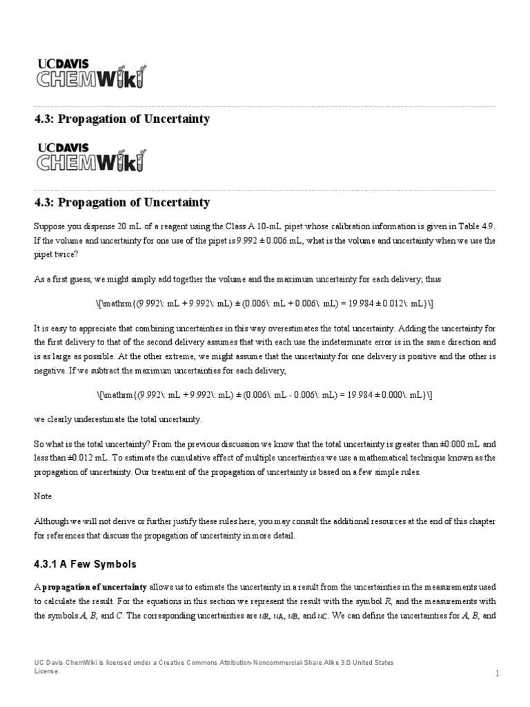 4.3 - Propagation of Uncertainty | PDF | Uncertainty | Parts Per Notation