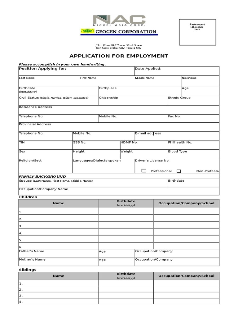 NAC Application Form PDF Government Social Institutions