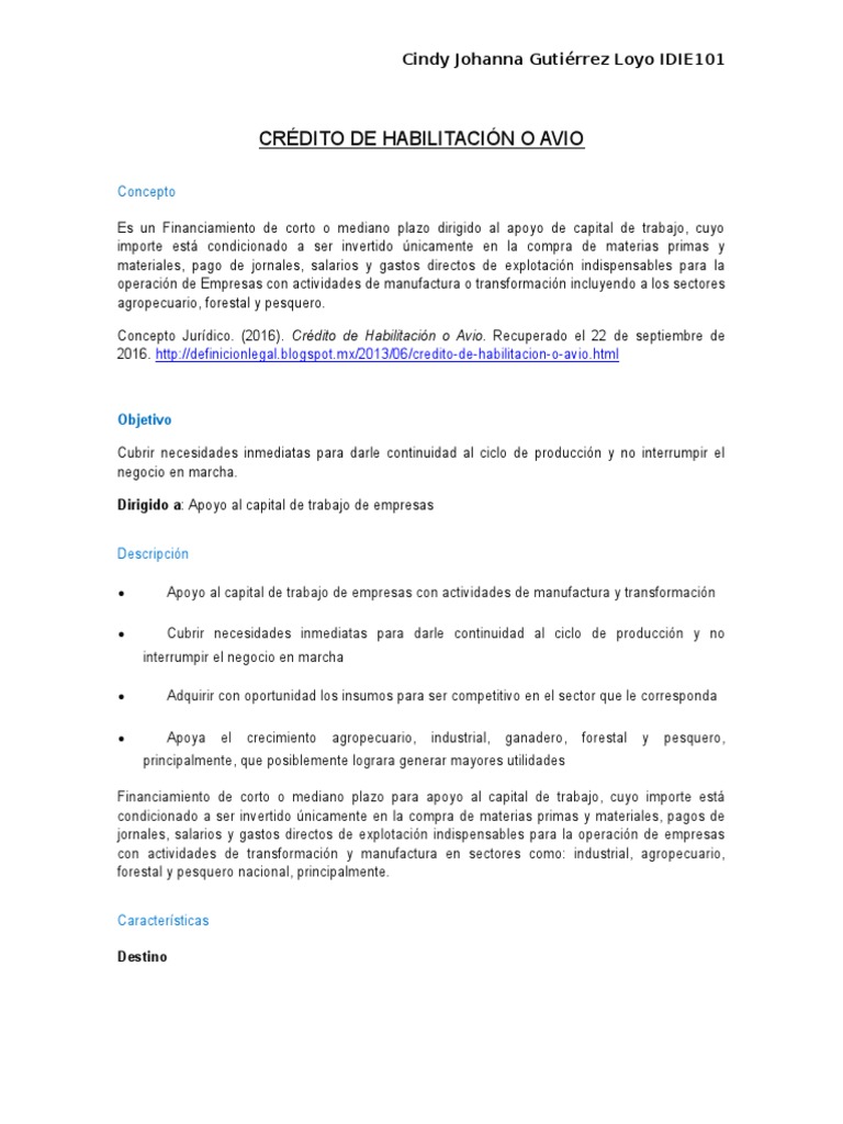 Prestamo De Habilitacion O Avio Caracteristicas