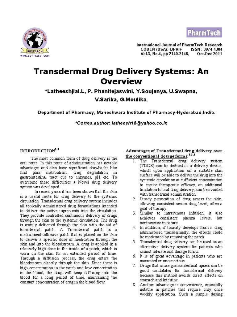Transdermal Drug Delivery Systems (An Overview) PDF | PDF | Epidermis ...
