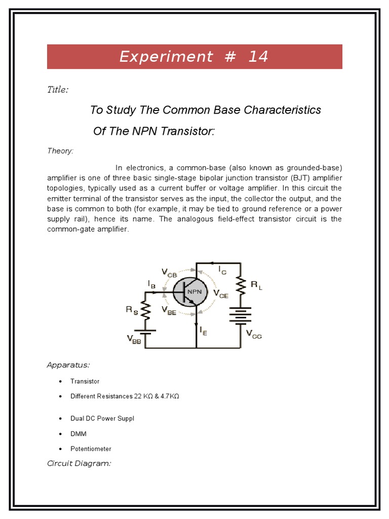 Experiment 14 To Study The Common Base Characteristics of The NPN