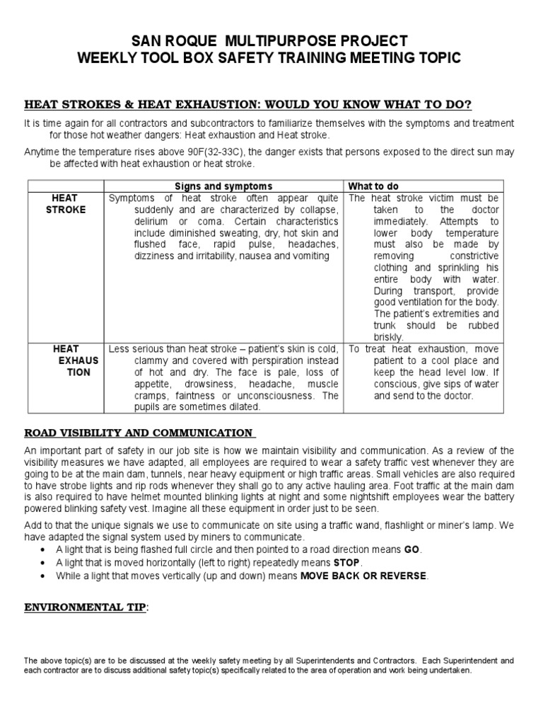 San Roque Multipurpose Project Weekly Tool Box Safety Training Meeting