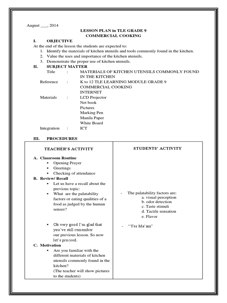 Detailed Lesson Plan in Tle Kitchen Utensils and Equipment PDF