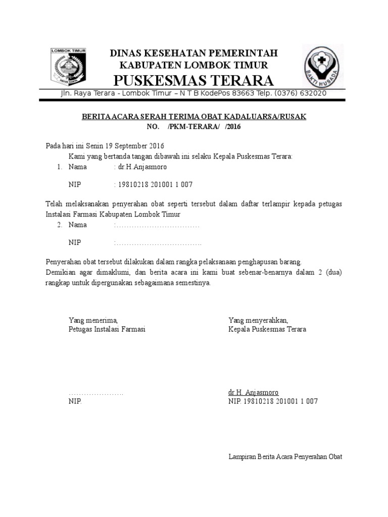 Berita Acara Serah Terima Obat Kadaluarsa