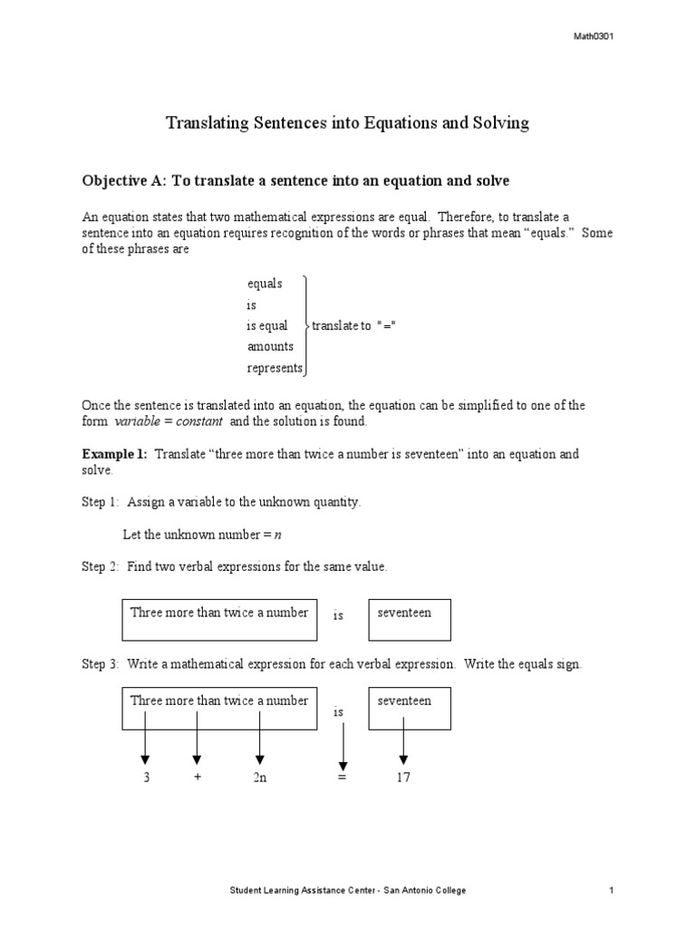 MATH0301 Translating Sentences Into Equations Variable Mathematics Equations