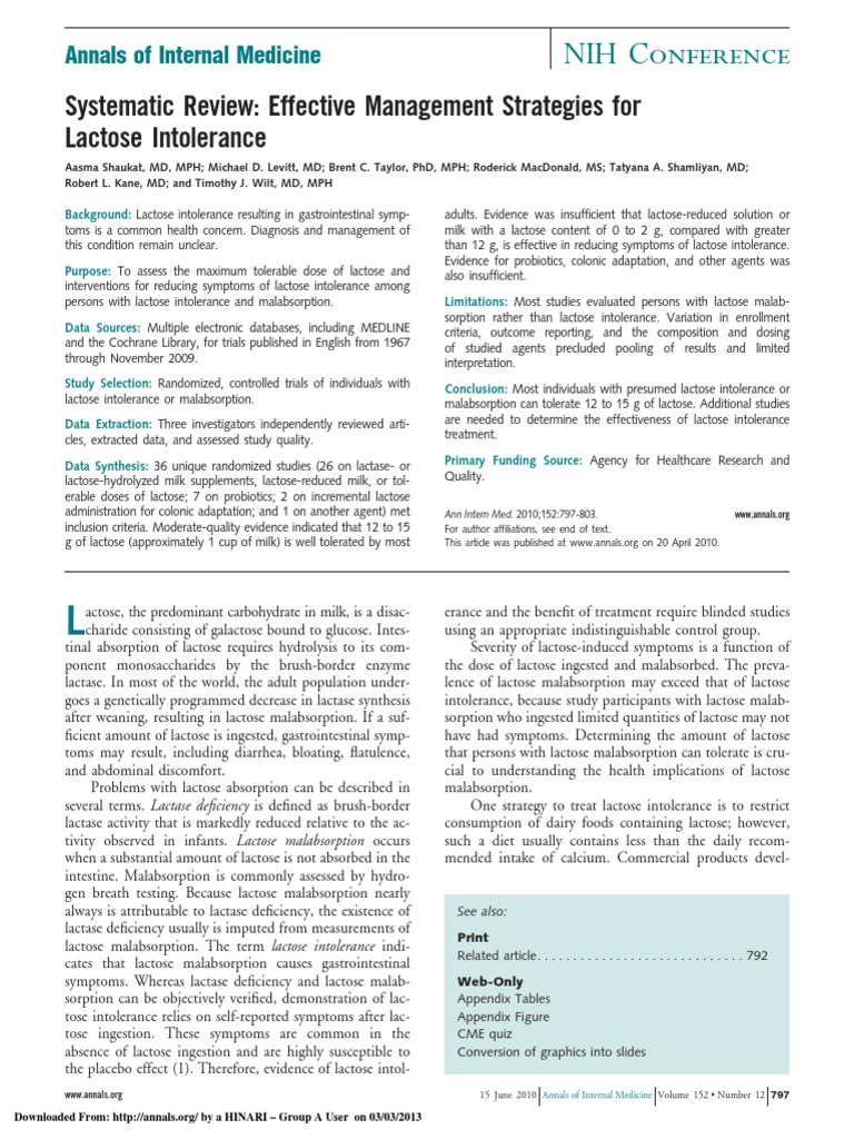 Systematic Review Effective Management Strategies For Lactose Intolerance 2010 PDF Food