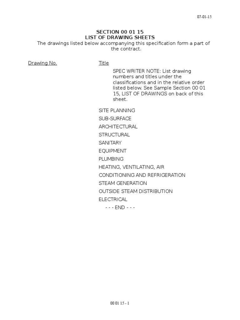 List of Drawing Sheets PDF