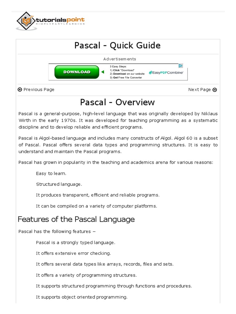 Pascal Quick Guide | PDF | Parameter (Computer Programming) | Subroutine