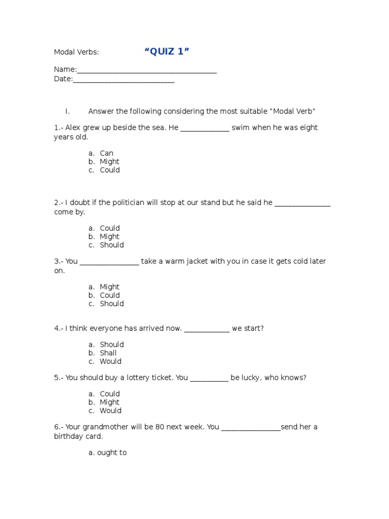 Modal Verbs Quiz for Students | PDF | Language Arts & Discipline