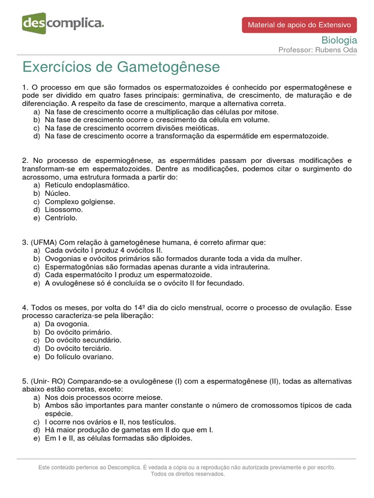 Materialdeapoioextensivo Biologia Exercicios Gametogenese | PDF ...