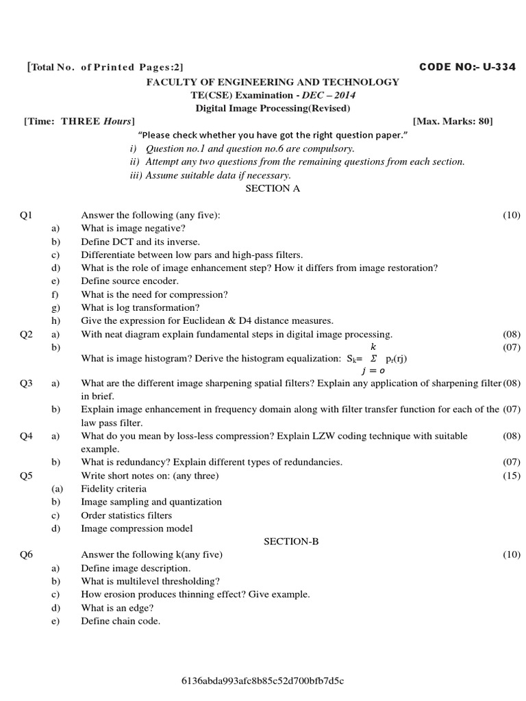 Digital Image Processing Exam Paper 2014 | PDF | Teaching Methods ...