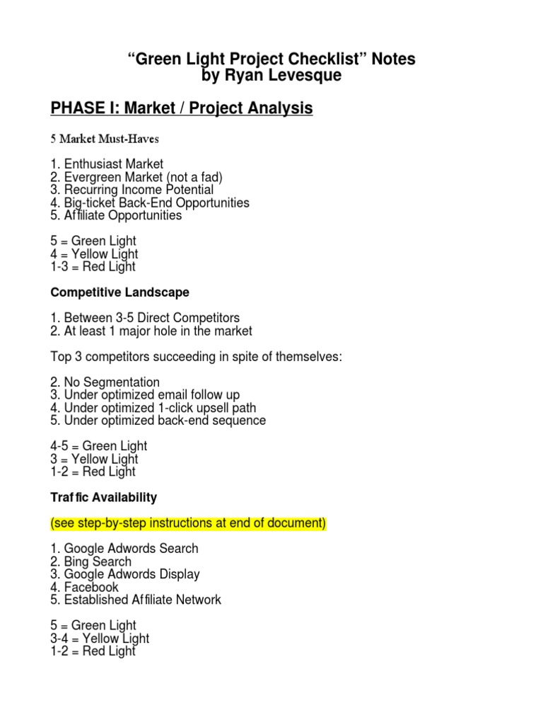 “Green Light Project Checklist” Notes by Ryan Levesque Search Engine